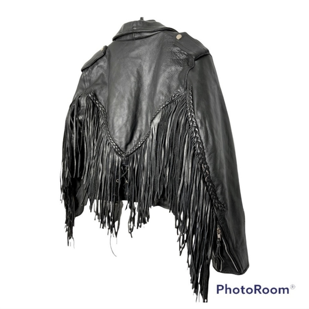 Unik Vintage Authentic Leather Fringed Moto Jacket Size Large
